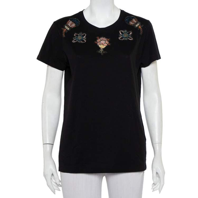 Preloved Valentino Black Cotton Beaded Flower Applique Detail Crewneck T-Shirt XL