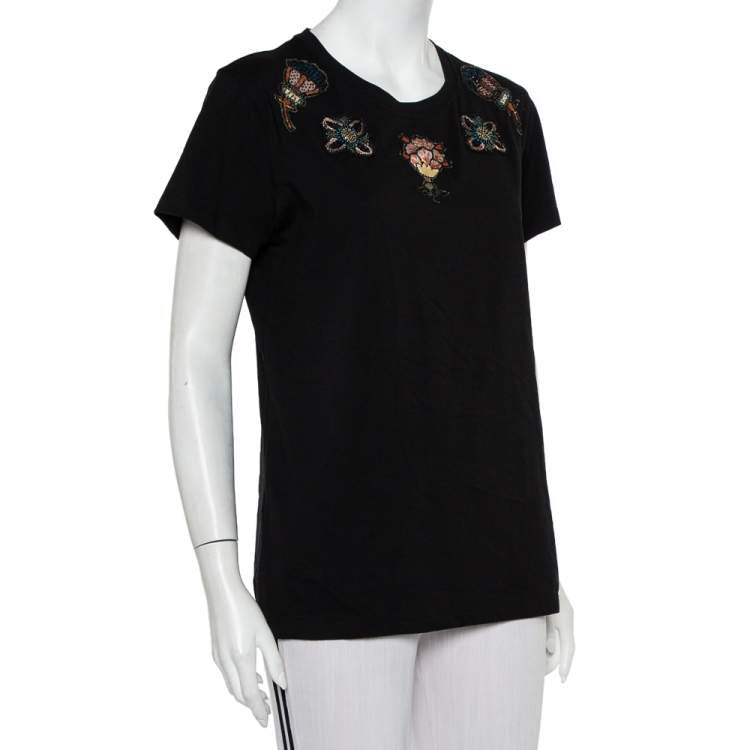 Preloved Valentino Black Cotton Beaded Flower Applique Detail Crewneck T-Shirt XL