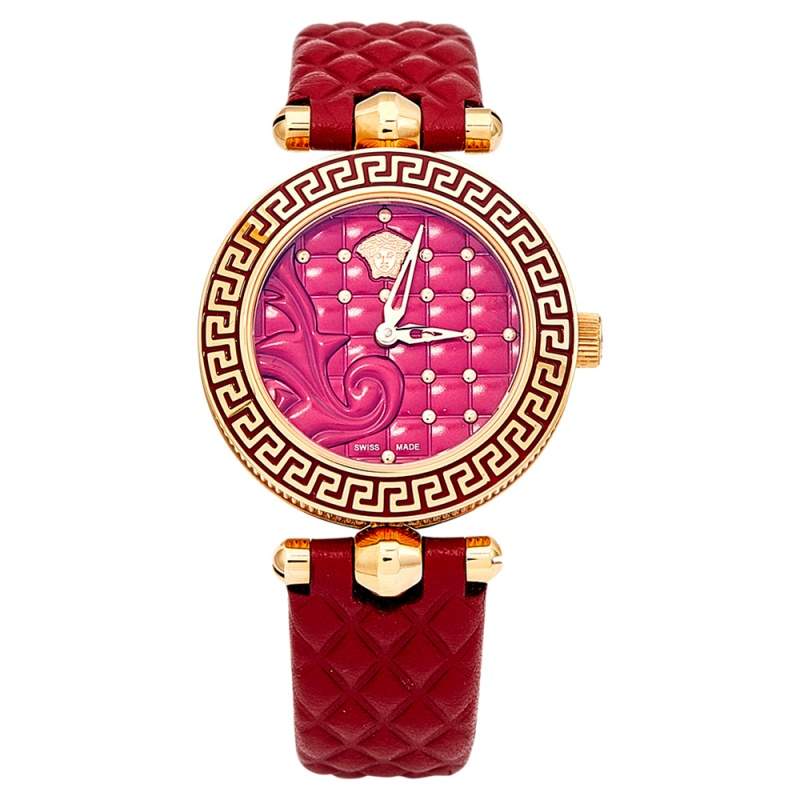 Preloved Versace Red Rose Gold Plated Stainless Steel Leather Vanitas VQM Women's Wristwatch 30 mm