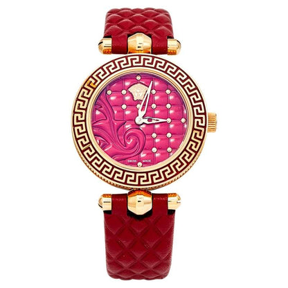 Preloved Versace Red Rose Gold Plated Stainless Steel Leather Vanitas VQM Women's Wristwatch 30 mm